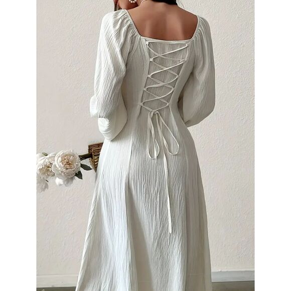 Size 12 Midi Dress Semi-Sheer Cross Tie Lantern Sleeve Drawstring Waist White - Picture 1 of 6